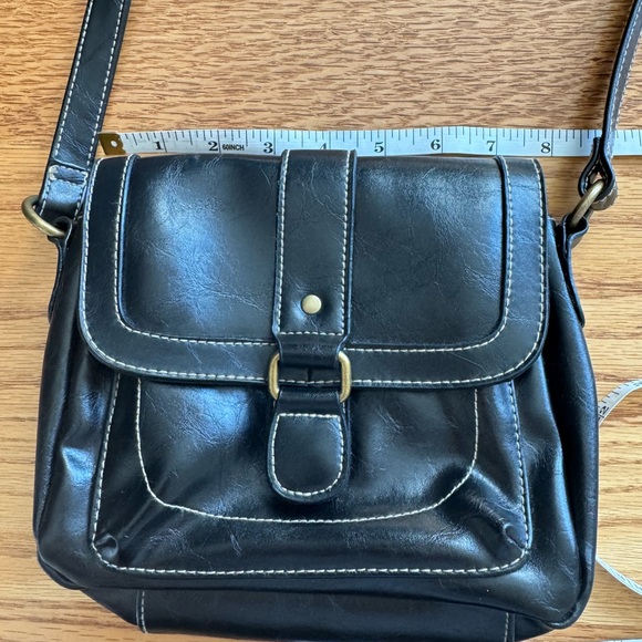 Black Faux Leather Crossbody Bag Gold Accents White Stitching and Wallet Classic - Picture 8 of 9